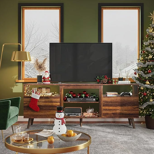 WLIVE Mid-Century Modern TV Stand for 55 60 65 Inch TV, Entertainment Center with Extra Open Shelf & Storage Cabinets, Media TV Console for Living Room Bedroom Office, Retro Brown
