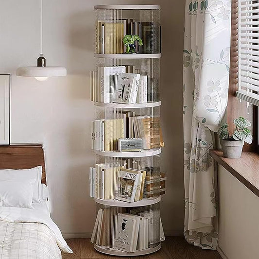 5 Tier Rotating Bookshelf Tower, 360° Rotating Bookshelf, Space Saving Rotating Bookshelves, Revolving Bookcase Suitable for Bedrooms, Living Rooms, Studies and Offices, White, Lazy Susan