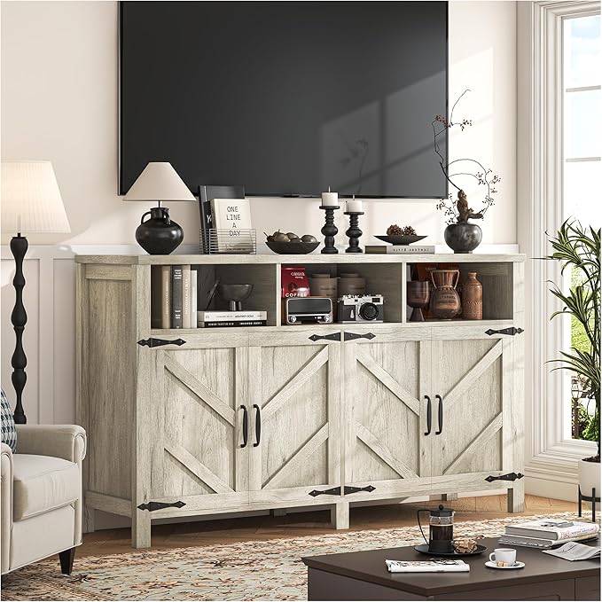 Buffet Cabinet with Storage Farmhouse with 4 Doors, 55'' Large Kitchen Storage Cabinet Wood Coffee Bar Buffet Sideboard for Kitchen, Dining Room, Entryway