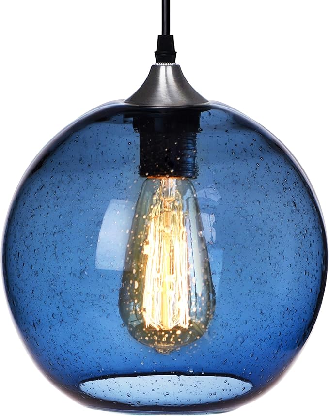 ARIAMOTION Pendant Lighting for Kitchen Island Hand Blown Glass Modern Blue Bubbles Light Over Sink Bar Bedroom Vintage Globe 8.7 InchDiam