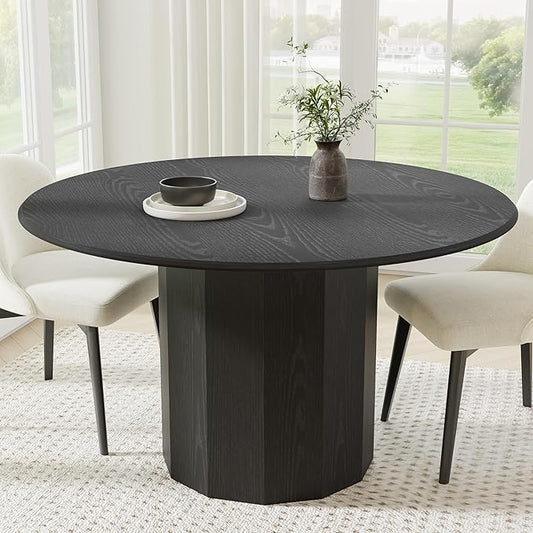 Casaphoria 52" Round Dining Table, Modern Wood Kitchen Table with Cylinder Polygonal Base for Living Room & Dining Room, Easy Assembly Farmhouse Furniture for 4-6, Black