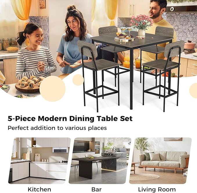 GOFLAME 5-Piece Dining Table Set for Small Space, Kitchen Table and Chairs Set for 4 with Steel Frame, Square Breakfast Table Set, Industrial Counter Height Table Set for Home Restaurant, Grey Oak