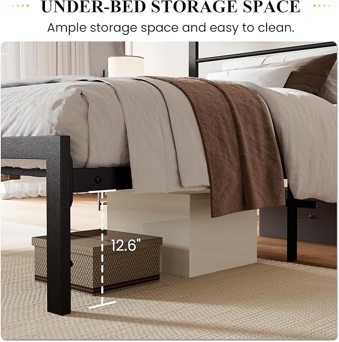 SHA CERLIN Twin Size Bed Frame with Headboard Shelf and Strong Metal Foundation, No Box Spring Needed, Brown