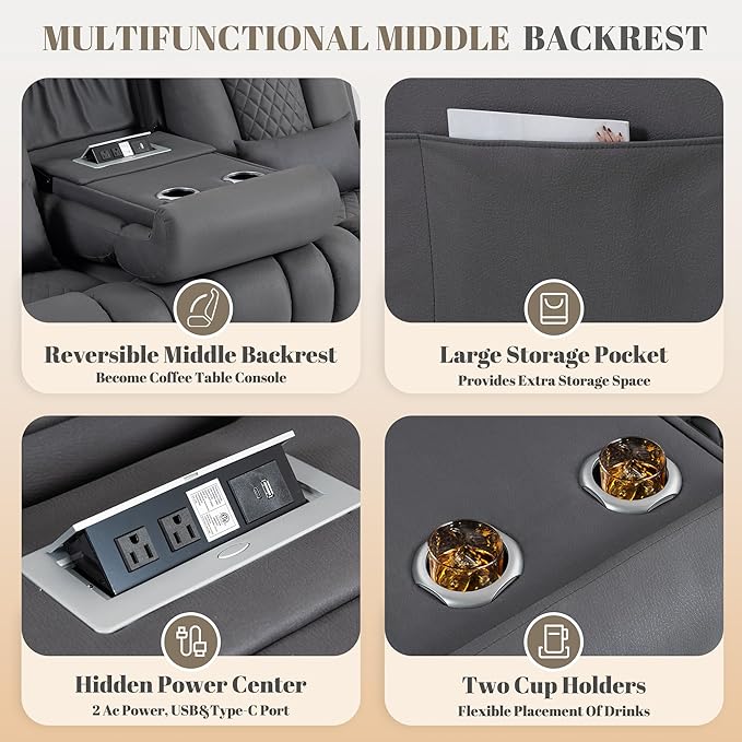 Zero Wall Hugger Power Reclining Sofa Set with Adjustable Headrest, Electric Reclining Couch with Drop-Down Table,Outlets, Power Loveseat Recliner Sofa for Living Room (Gray, Sofa+Loveseat)