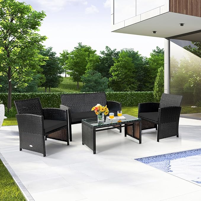 Tangkula 4 Pieces Rattan Furniture Set, Outdoor Conversation Set w/Chair & Loveseat & Tempered Glass Coffee Table, Suitable for Garden, Backyard, Poolside, Patio Furniture Set for 4 (1, Black)