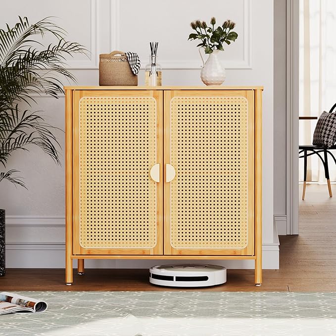 Pellebant Boho Buffet Cabinet with Storage, Bamboo Sideboard Cabinet with Rattan Decorated Doors and Shelves, Kitchen Pantry Cabinet for Hallway, Entryway, Living Room, Natural
