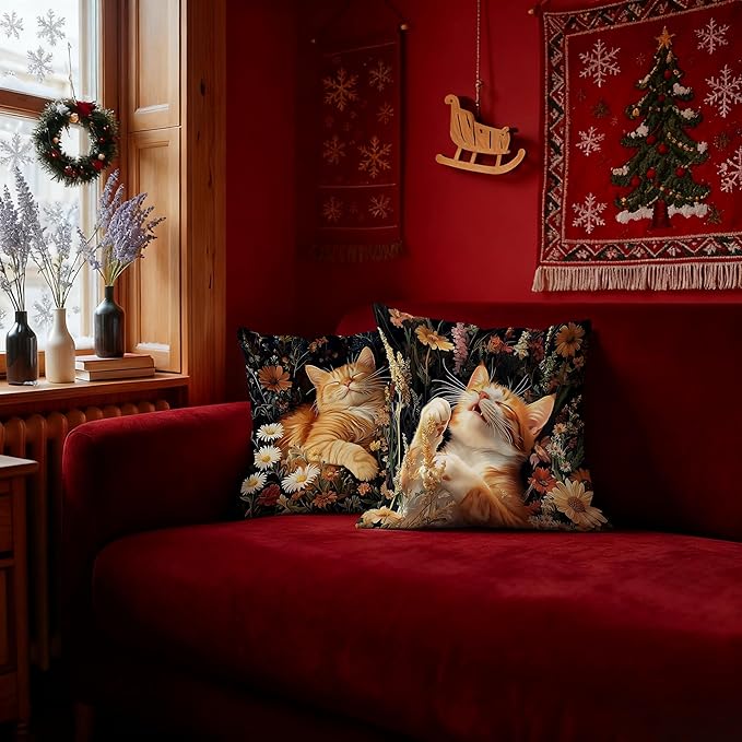 William Morris Inspired-Dark Floral Orange Tabby Cat Pillow Covers 18x18 Set of 2, Orange Cat Gifts for Women, Dark Botanical Kitty Kitten Decorative Pillow Covers for Home Living Room Bedroom