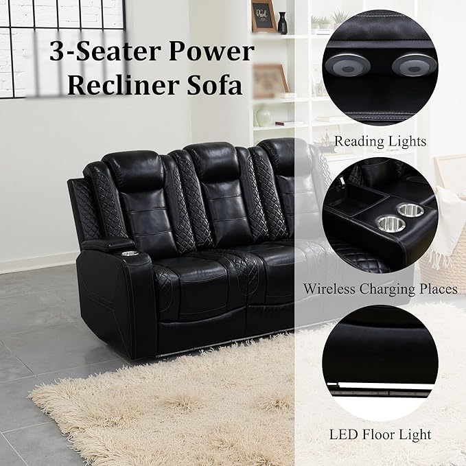Power Recliner Sofa Set with LED, Breathing Leather Living Room Set 3 Piece, Reclining Couch and Two Chair with USB Port&Storage Console (Black Upgared)
