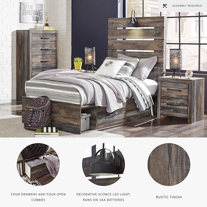 Signature Design by Ashley Drystan Rustic Twin Panel Platform Bed with 4 Storage Drawers, Open Cubbies, Sconce LED Light and USB Ports, Foundation or Box Spring Not Needed, Dark Brown & Gray