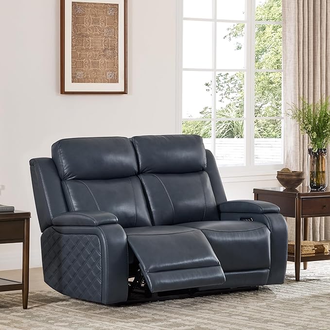Watson & Whitely Genuine Leather Power Loveseat Recliner Sofa, Zero Gravity Reclining Loveseat with Power Headrest & Hidden Storage, Charging Ports, Dual Recliner Sofas for Living Room, Navy Blue