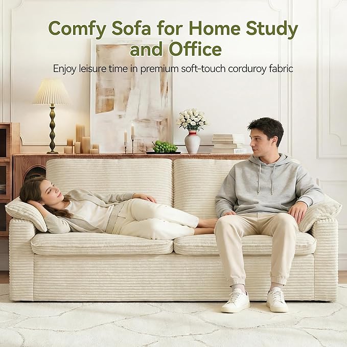 86" Loveseat Sofa Beige Corduroy Couch,Modern Cloud Sofa Love Seat, Deep Seat Slipcovered Sofa with 2 Wide Armrest Pillows for Small Spaces Apartment Studio Office Bedroom Living Room