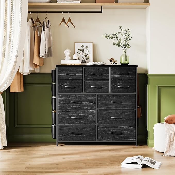 GarveeHome Black 12 Drawer Dresser for Bedroom, Fabric Dressers & Chests of Drawers with Side Pockets, Chest of Drawers for Closet, Living Room, Closet, Hallway