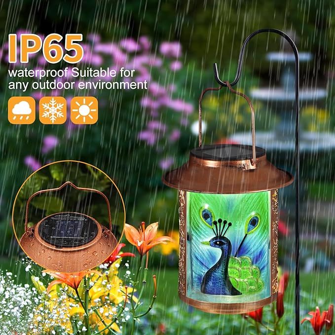 Peacock Solar Lanterns Outdoor Waterproof,Birthday Gifts for Women Mom Grandma Garden Decor,Hanging Solar Lights Wall Mount Decorations for Yard,Front Porch,Patio,Lawn Pathway Landscape