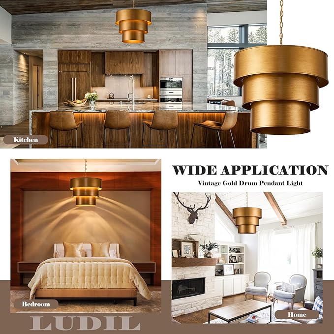 21" Vintage Metal Drum Chandelier, 7-Light E12 Industrial Adjustable Chain Hanging Pendant Light Fixtures. 3 Layer Lampshade Gold Metal Drum Chandelier for Foyer Entryway, Kitchen, Bedroom