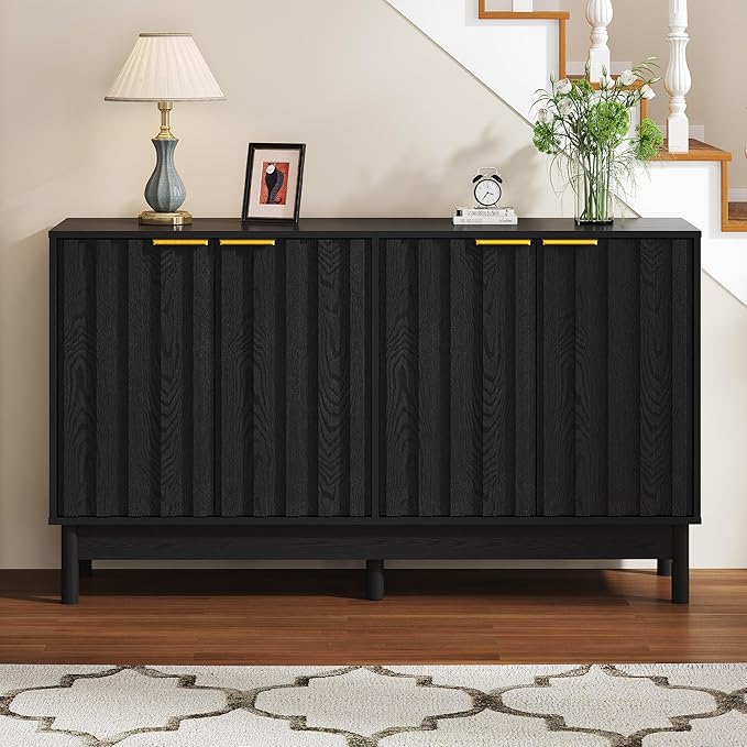 RoyalCraft 55'' Buffet Cabinet with Storage, Fluted Sideboard with Doors and Adjustable Shelves, Wood Credenzas Console Table for Kitchen, Dining Room, Living Room, Black