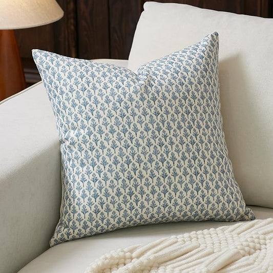 FIOUOVO Floral Pillow Covers 24x24 Pillow Cover Block Print Couch Pillows for Living Room Decorative Neutral Accent Throw Pillow Covers, 1PC, Aqua Blue