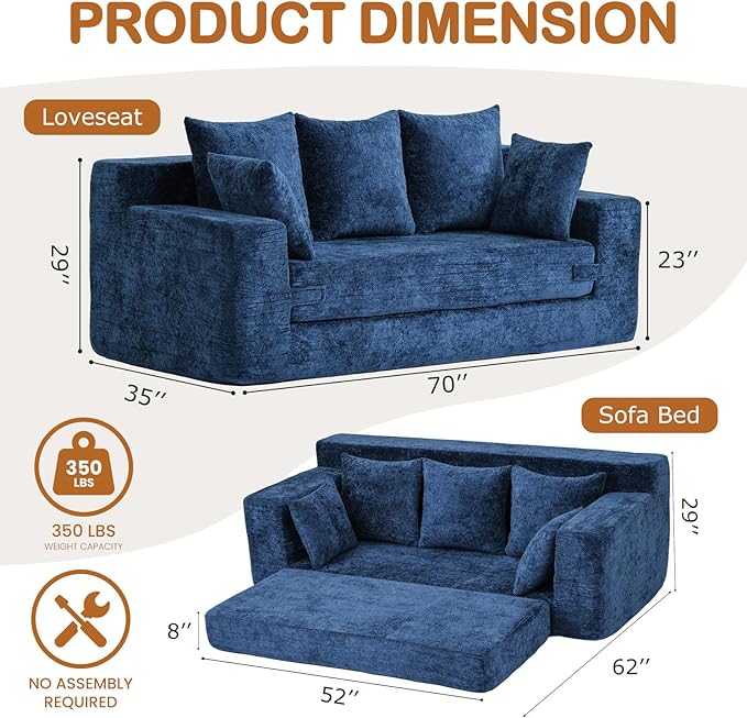 Convertible Sofa Bed, 5 in 1 Small Boneless Couch Pull Out Loveseat Sleeper Sofa,Corduroy Futon Couch Folding Mattress with 4 Pillows for Living Room Bedroom Lounge (Blue, 3 Seater)