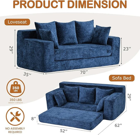 Convertible Sofa Bed, 5 in 1 Small Boneless Couch Pull Out Loveseat Sleeper Sofa,Corduroy Futon Couch Folding Mattress with 4 Pillows for Living Room Bedroom Lounge (Blue, 3 Seater)