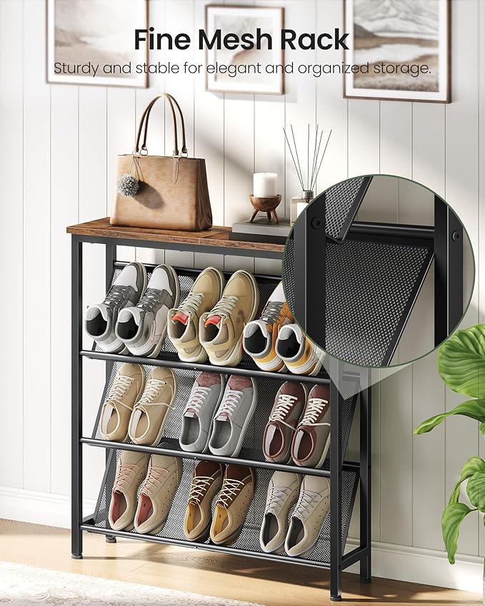Shoe Rack, 4-Tier Slanted Shoe Storage Shelf, Narrow Shoe Rack for Entryway, Shoe Organizer with Adjustable Feet, Slim Shoe Shelf with Wooden Top and Metal Frame Rustic Brown and Black TXJ75BF