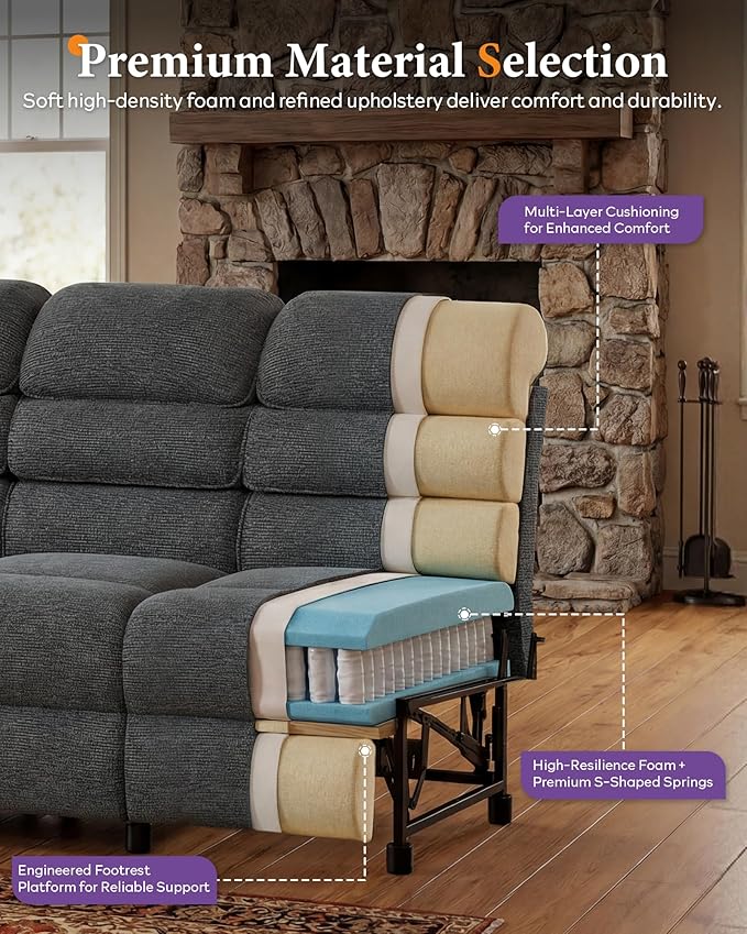 TYBOATLE Power Reclining Sofa, 3 Seater Electric Reclining Sofa with Dual Motors and Remote Control, Chenille Couch w/Side Pockets for Living Room, Game Room, 76.5" Wide (Grey)