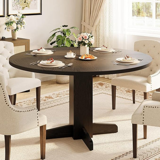 Garvee Round Dining Room Table for 4-6, 47" Wood Kitchen Table with Sturdy Pedestal Base, Farmhouse Circle Dinner Tables for Living Room, Apartment, Black