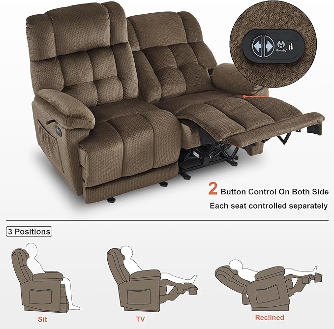 MCombo 58.7" Zero Gravity Power Loveseat Recliner with Heat and Vibration Massage, Reclining Loveseat Sofa with USB Ports for Living Room, Fabric 6237 (Dark Brown)