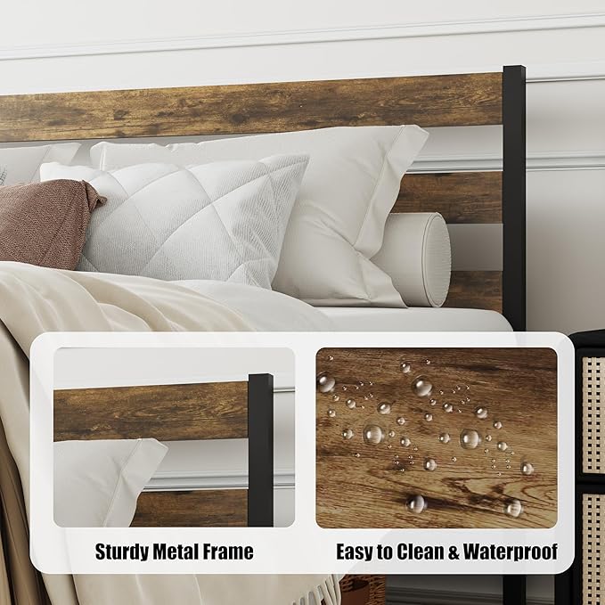 Metal Platform Queen Bed Frame with Headboard, Queen Size Bed Frame 59.8W x 82.7L x 36.2H inches, Wood and Faux Leather, Walnut (Walnut Colour, Queen)