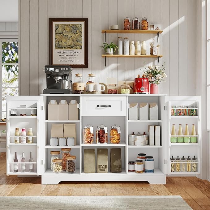 Gizoon Kitchen Sideboard Buffet Cabinet with Storage Coffee Bar Cabinet with Drawer, Kitchen Pantry Storage with Door and Shelves for Bathroom and Living Room, White