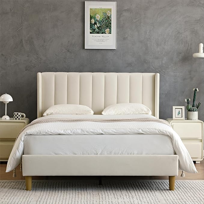 YUHUASHI upholstered Platform Bed Frame/Full Bed Frame/Modern Geometric Double-Wing Design headboard/Velvet Fabric/Easy to Assemble no Noise (Cream, Full)