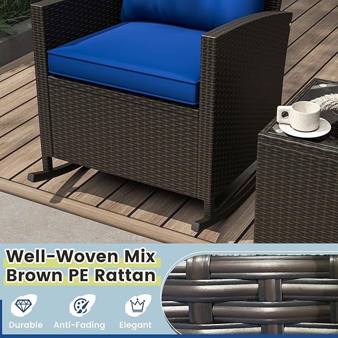 Tangkula 3 Piece Wicker Rocking Set, Patio Rattan Roker Chairs with Tempered Glass Table & Soft Cushions, Outdoor Furniture Set for Backyard, Poolside Porch (Navy)