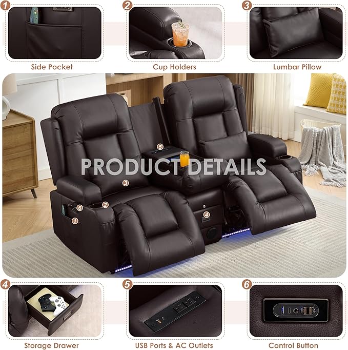 TUNYI Wall Hugger Loveseat Recliner Sofa with Console, Power Reclining Loveseat RV Couch with Massage & Heat/USB/Outlet/Storage/LED Light/Speaker (Espresso)