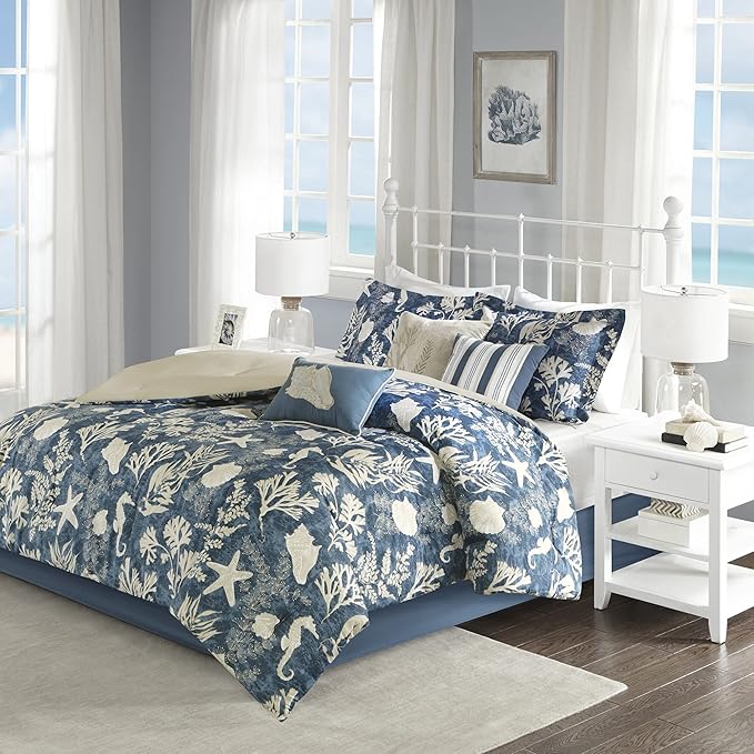 Madison Park 100% Cotton Comforter Set-Coastal Coral, Starfish Design All Season Down Alternative Cozy Bedding with Matching Shams, Decorative Pillow, King (104 in x 92 in), Cape Cod Navy 7pcs