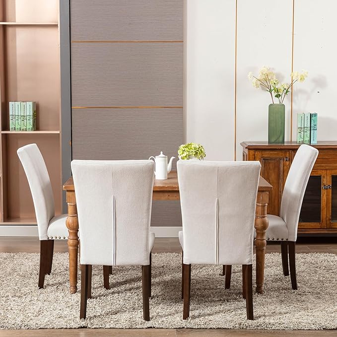 COLAMY Upholstered Parsons Dining Chairs Set of 4, Fabric Dining Room Kitchen Side Chair with Nailhead Trim and Wood Legs - Beige,No Table