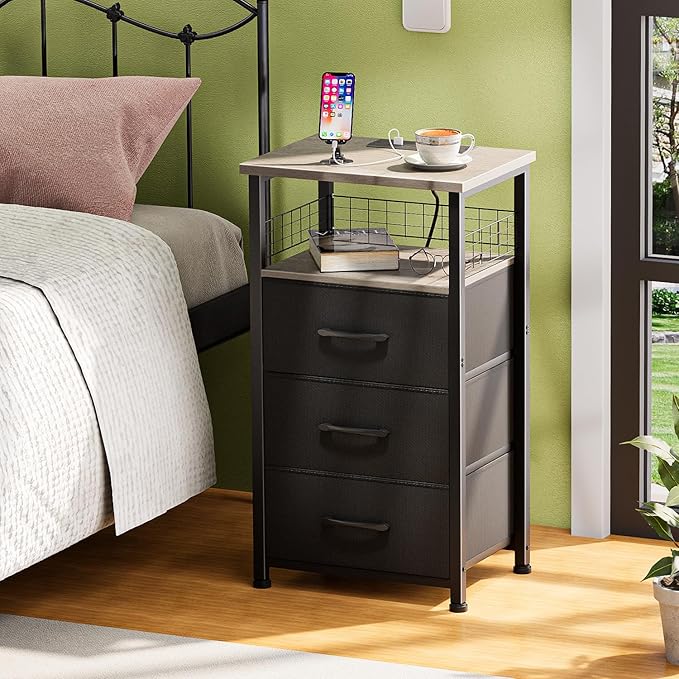 Night Stand Set 2 with Charging Station, End Table Set of 2 with 20 Colors LED Light Strip, 3 Fabric Drawers, Bedside Table with USB Ports and Outlets for Bedroom (Grey)