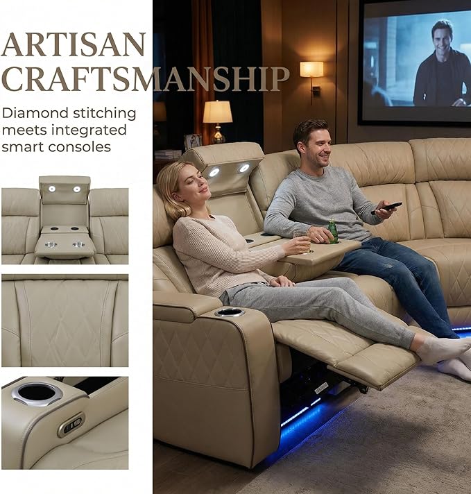 Power Recliner Sectional Sofa with LED Lighting, Breathing Leather Corner Couch with USB Port and Storage Console, Cup Holders, Reading Light – Home Theater & Living Room Seating (Beige)