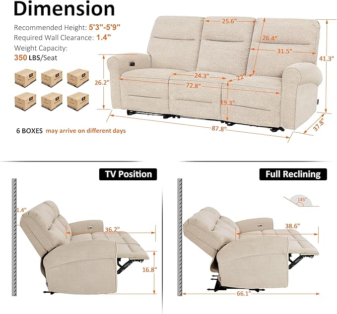 MCombo 87.8" Wall Hugger Power Reclining Sofa, 3-Seat Triple Recliner Couch with USB Ports, Rolled Arm Space Saving Recliner Sofa for Living Rooms Apartments RV, Fabric PR635M5 (Beige) | 1.4" Wall Clearance