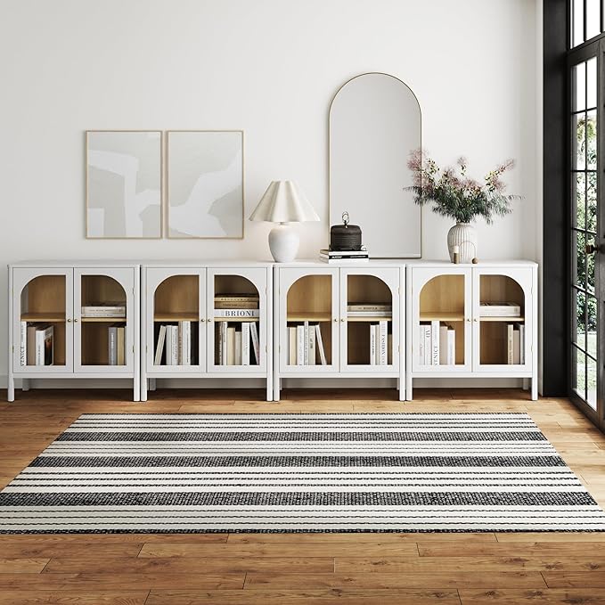 Nathan James Mason Wood Storage Cabinet Accent Sideboard Buffet Credenza TV Stand with Glass Doors and Adjustable Shelf for Dining Room, Entryway or Living Room, Clear Glass/White/Light Oak, Set of 4