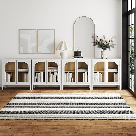 Nathan James Mason Wood Storage Cabinet Accent Sideboard Buffet Credenza TV Stand with Glass Doors and Adjustable Shelf for Dining Room, Entryway or Living Room, Clear Glass/White/Light Oak, Set of 4