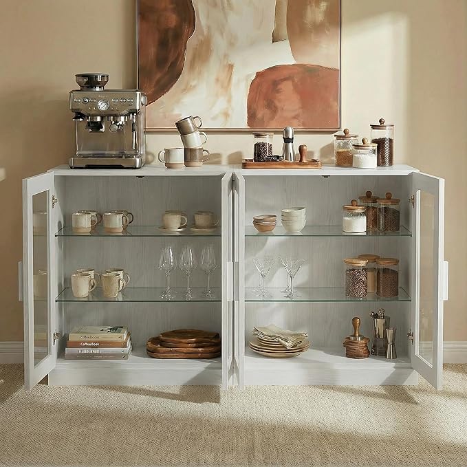 Casaphoria Adam Sideboard Buffet Cabinet with Storage, Display Cabinet with Glass Doors & Adjustable Shelves, 62" W x 36" H Buffet Cabinet for Entryway Kitchen Living Room, White