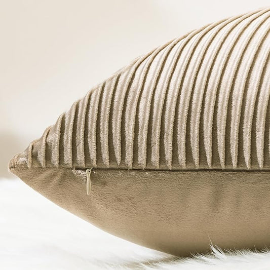 YCOLL Khaki Pillow Covers 22x22 Set of 2 Velvet Striped Pattern - Soft Throw Pillows for Home Decor, Luxury Decorative Pillow Covers for Couch, Bed,Living Room