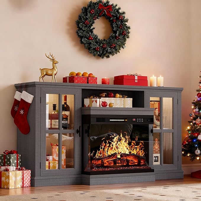 YESHOMY Glass Fireplace TV Stand for Televisions up to 65", Media Entertainment Center Console Table with Led Lights, Light Grey