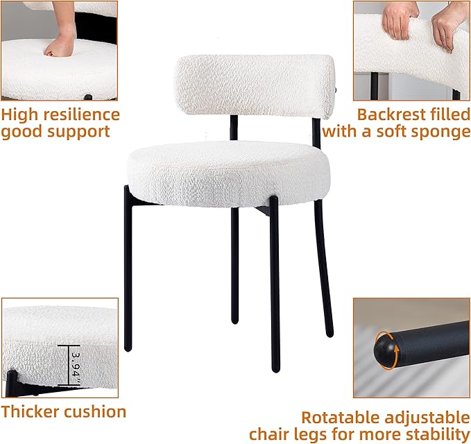 DYHOME White Boucle Dining Chairs Set of 6, Mid Century Modern Dining Room Chairs with Curved Backrest, Upholstered Kitchen Chairs with Black Metal Legs