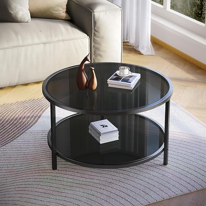 SAYGOER 27.6'' Round Coffee Table 2 Tier Black Glass Coffee Tables with Storage Shelf for Large or Small Space Modern Simple Sofa Table for Living Room Home Office, Easy Assembly…
