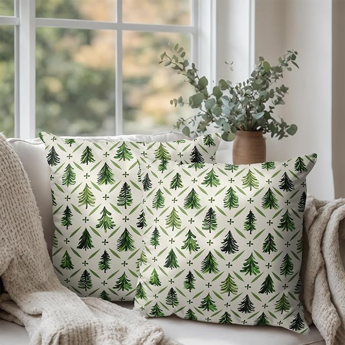 Christmas Tree Pillow Covers 16x16 Set of 2 Sage Green Xmas Farmhouse Print Outdoor Decorative Pillow Cases Winter Holiday Decorations Throw Cushion Case for Couch Sofa Bed