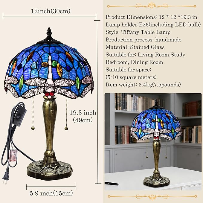 Small Tiffany Table Lamp, Blue Dragonfly Stained Glass Lamp,12 Inch Tiffany Style Lamp for Bedroom Living Room Home, Handcrafted Light, Included Bulb