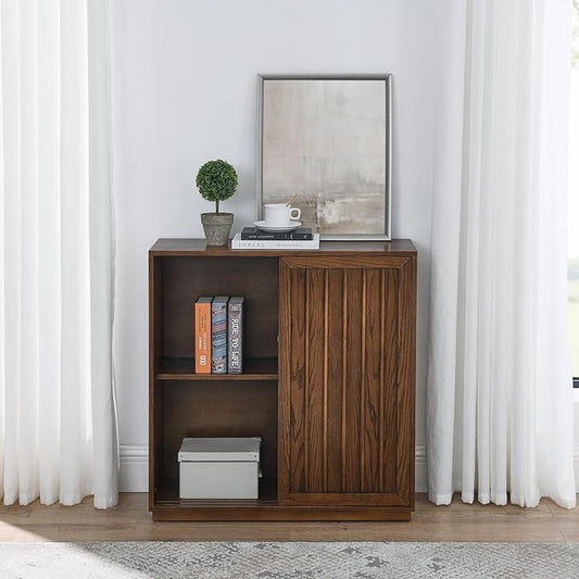 Ball & Cast 32" Mid Century Sideboard Cabinet with 2 Sliding Doors & Solid Wood Decorative Strips, Vintage Storage Cabinet with Outlet Hole for Living Room, Kitchen, Dining, Entryway, Hallway,Walnut