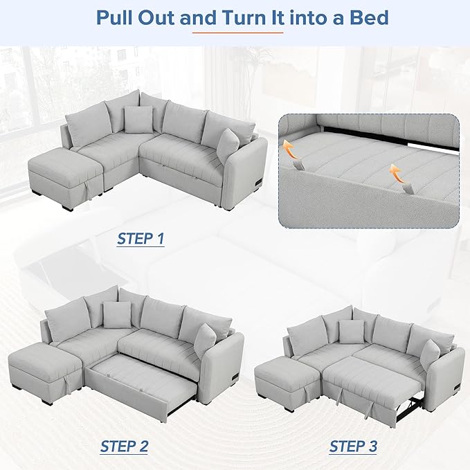 Merax Sofa Bed Sleeper Couch L Shaped Sofa with Storage Ottoman, L-Shape Sectional Couch with 2 USB Ports, 2 Power Sockets for Living Room and Small Apartment (Gray)