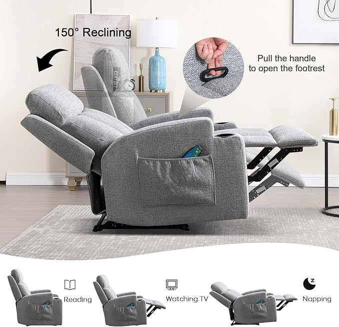 CANMOV Manual Recliner Chair with Massage and Heat,Comfy Recliner Chair Sofa with Overstuffed Arms and Back, Manual Reclining Single Sofa with 2 Cup Holders, Side Pocket for Living Room,Grey