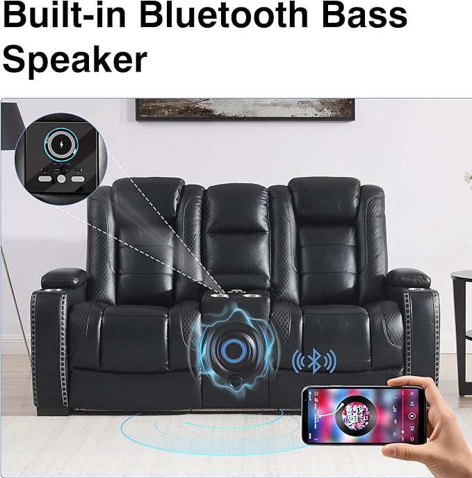 THSUPER Black Leather Power Recliner Loveseat with Arm Storage and Bluetooth Speaker, Theater Seating Leather Living Room Reclining Loveseat with Cup Holders and Wireless Charging. | Breathable material, LED ambient light, USB and Type-C port, In a box...