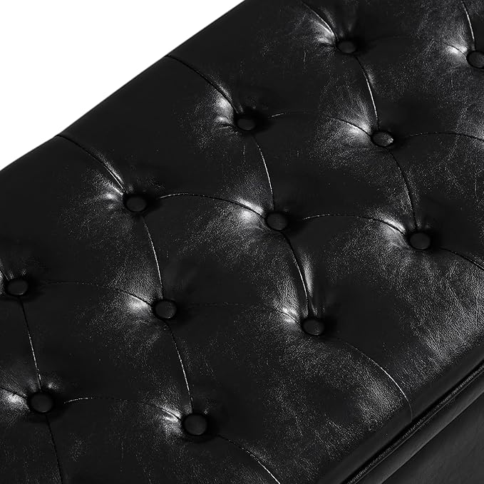 Upholstered Ottoman with Storage,Entryway Bench with Tufted Buttons and Spindle Wooden Legs for Living Room,Bedroom,Black PU